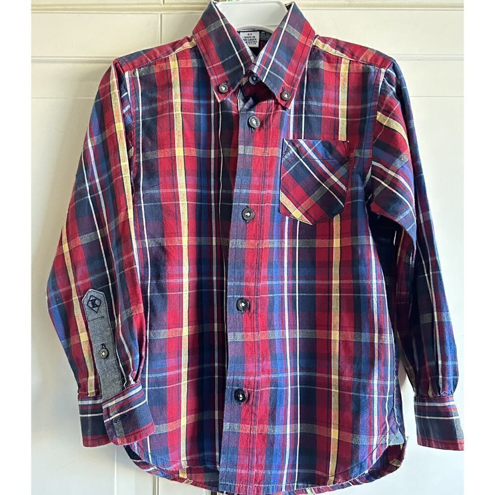 Kitestrings By Hartstrings Boys 4T Red Blue Plaid Long Sleeve‎ Dress Shirt